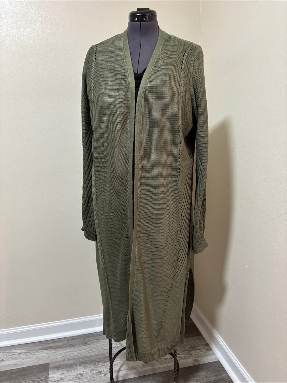 Chico's Olive Open-Front Long Knit Cardigan